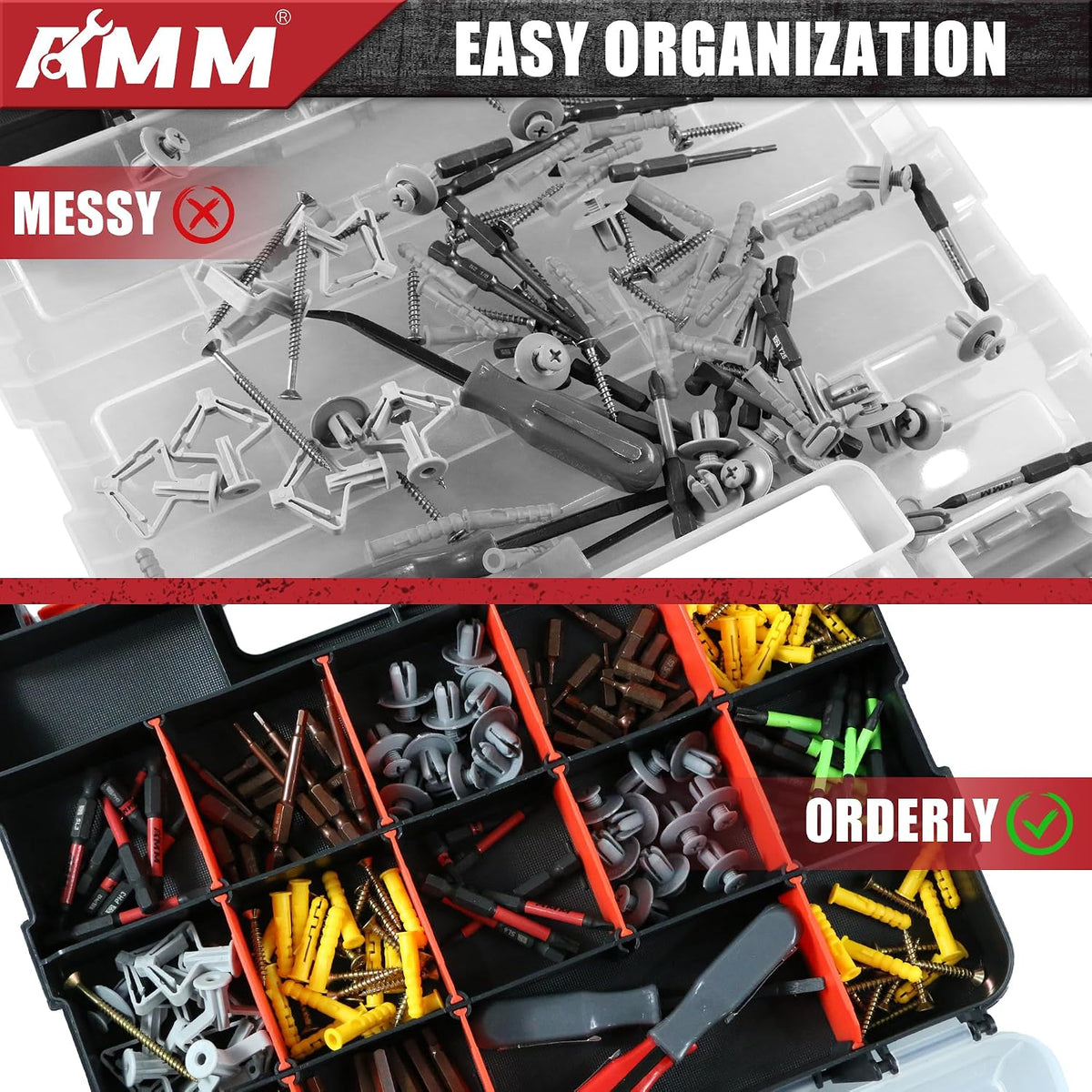 AMM Tool Box, Double Side Tool Box Organizer with 34 Compartments, Removable Dividers, Tackle Box Small Parts Screw Hardware Organizer for Screws, Nuts, Nails and Bolts (2 Piece, Red)