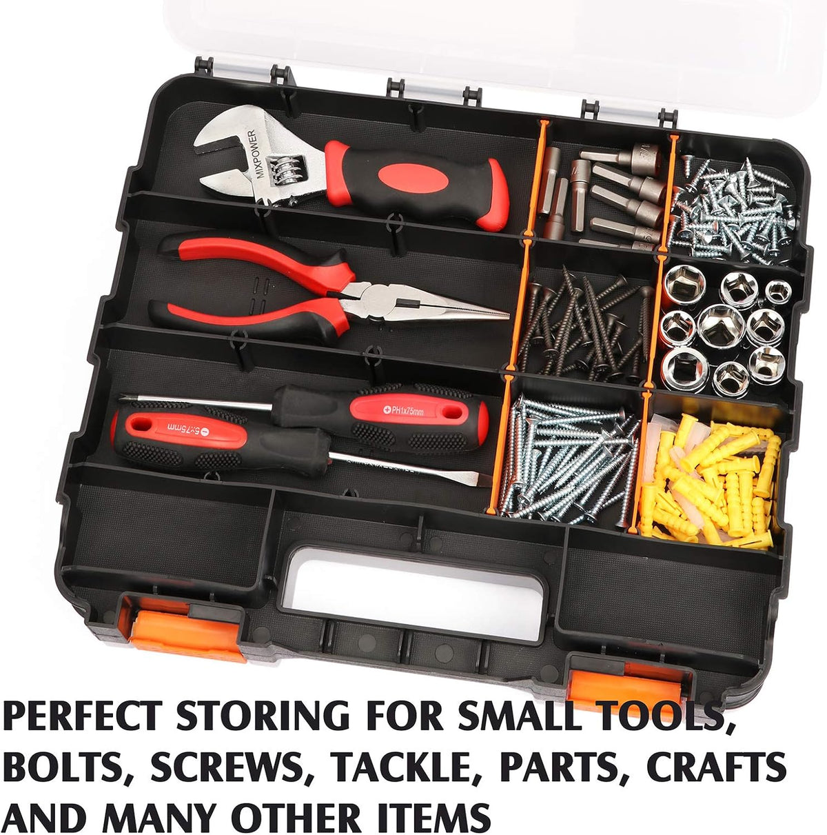 MIXPOWER 34-Compartments Double Sided Organizer with Impact Resistant Polymer and Customized Removable Plastic Dividers, Storage and Carry, Black/Orange
