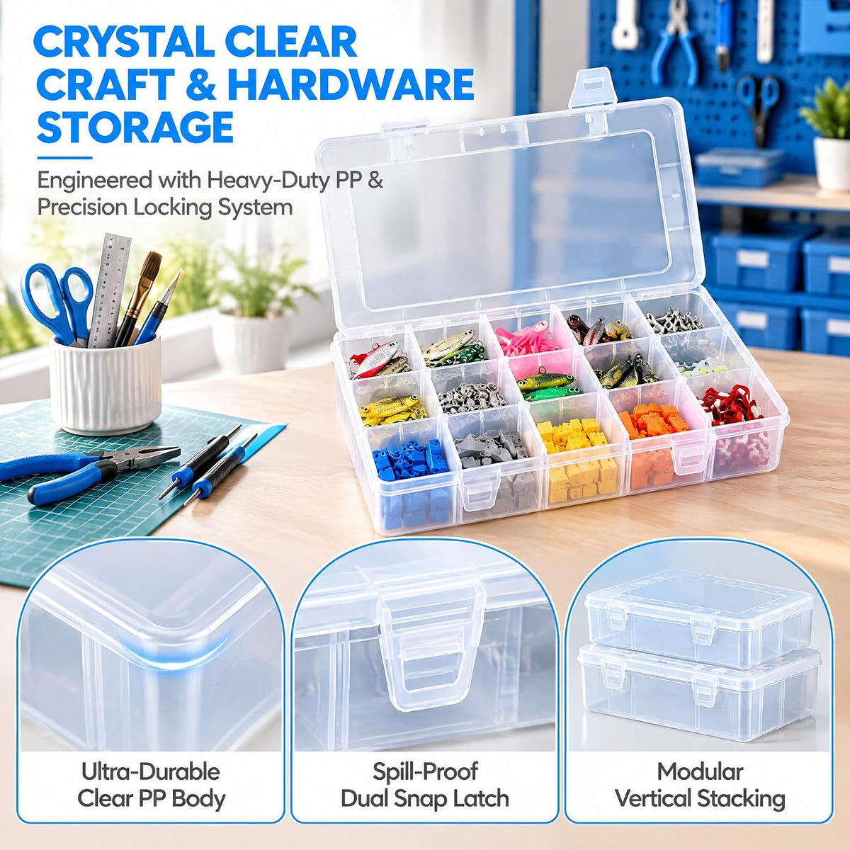 Clear Plastic Organizer Box with Adjustable Dividers, 15 Large Grids, 2 Pack, for Beads, Crafts, Fishing Tackle and Lego Storage, Includes Label Stickers