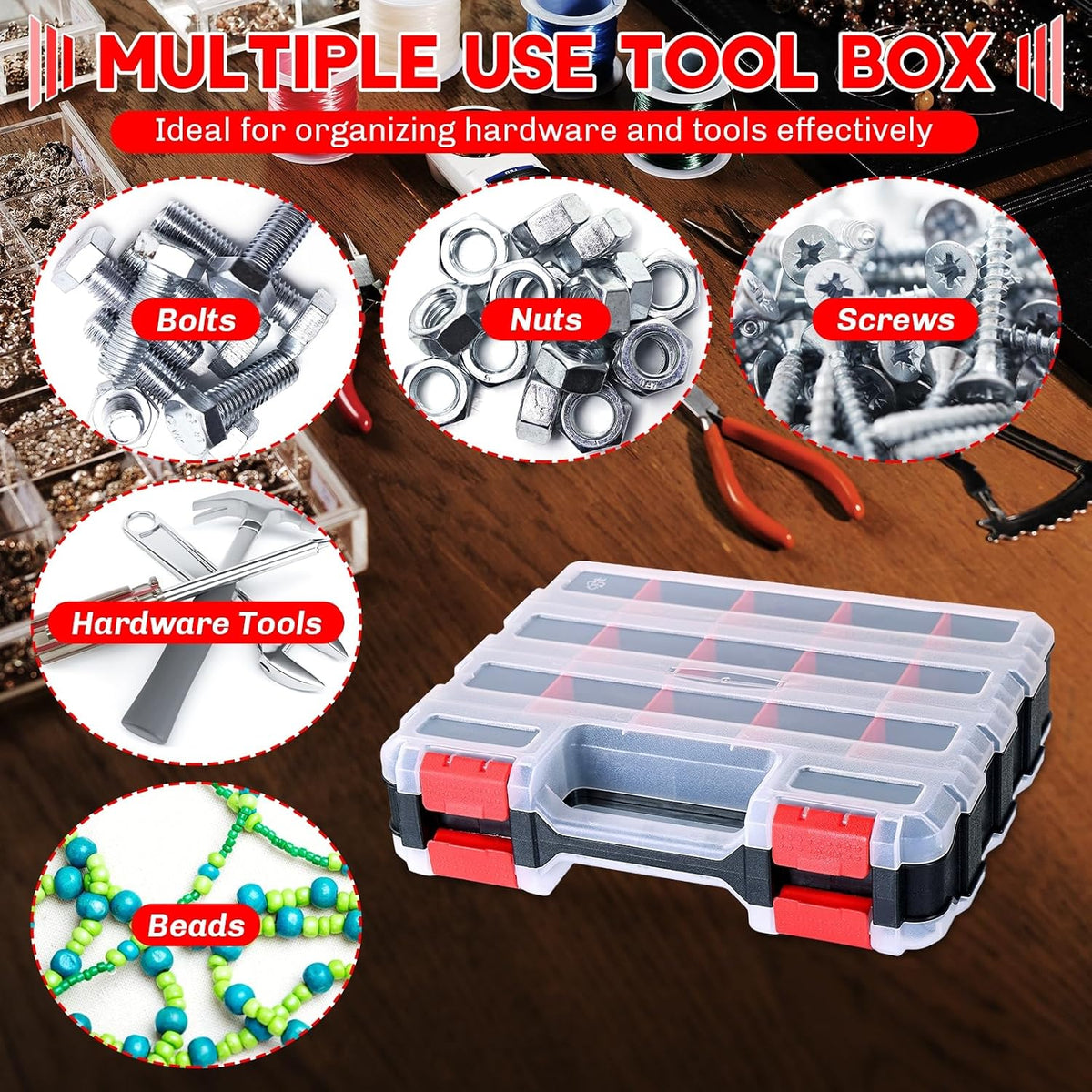 Small Parts Organizer Storage Case Tools Box 34-Compartments (Red)