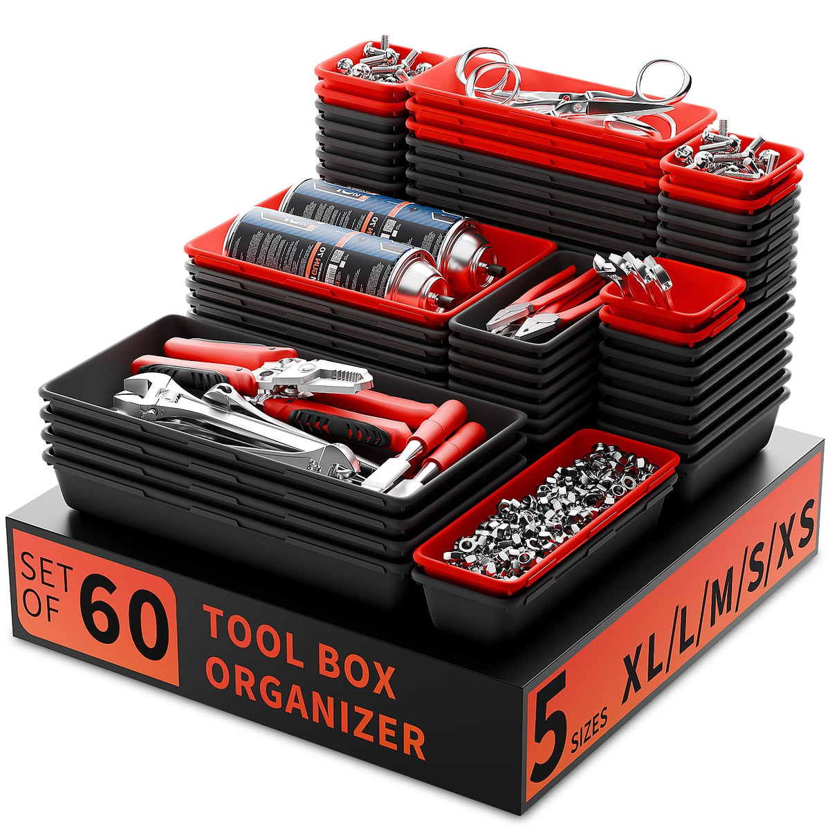Tool Box Organizer Tray, 60 PCS & 5 Sizes, Black