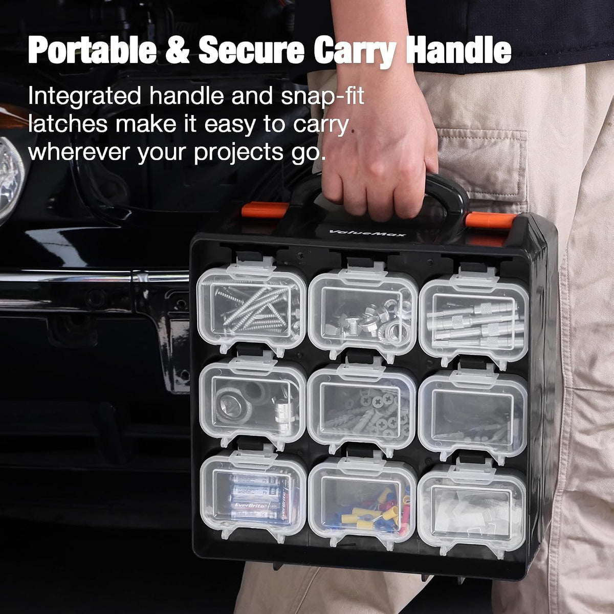 ValueMax Small Parts Organizer Box, Double-Sided Tool Box with 18 Removable Bins, Portable Screw & Parts Storage Case for Nuts, Bolts, and Hardware
