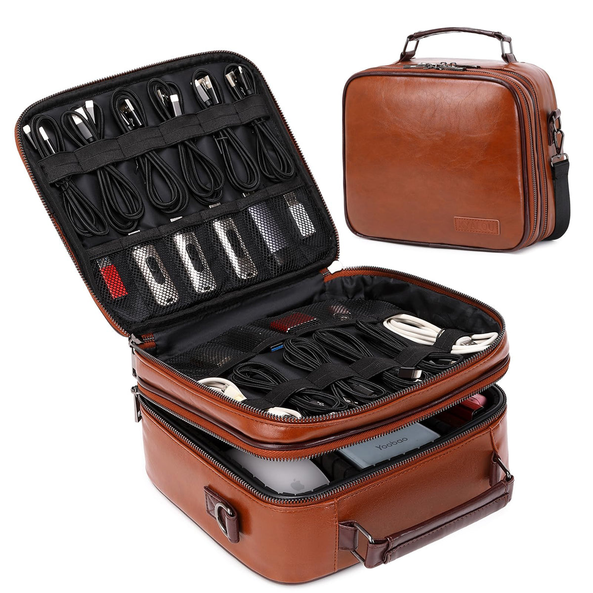KYALOU Electronics Travel Organizer, Large Electronic Accessories Cable Case with Adjustable Dividers, Waterproof Tech Storage Bag Gifts with Double Layers for Cord, Charger, Power Bank - Brown