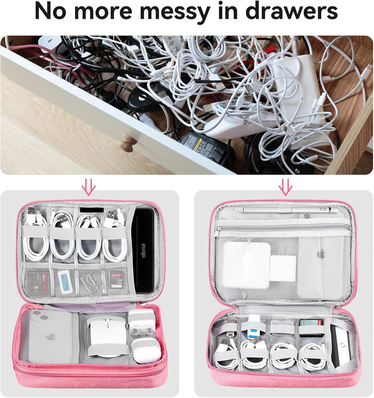 Cable Organizer Bag Travel Case for Electronics (Large, Dark Pink)