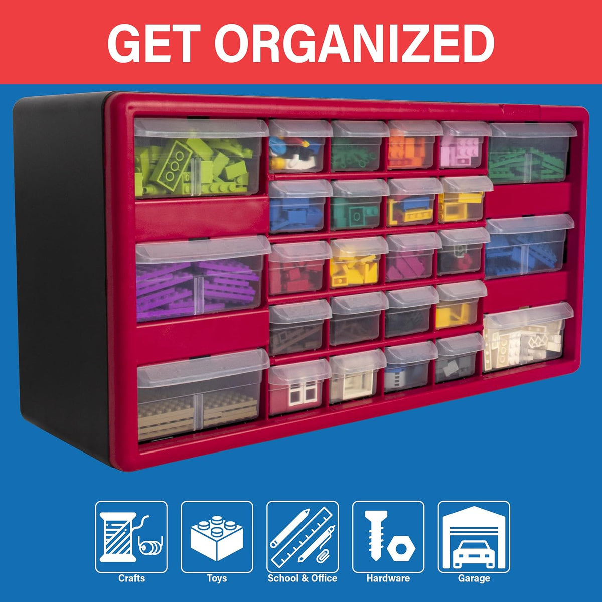 Akro-Mils 10126, 26 Drawer Plastic Parts Storage Hardware and Craft Cabinet, 20-Inch W x 6-Inch D x 10-Inch H, Red