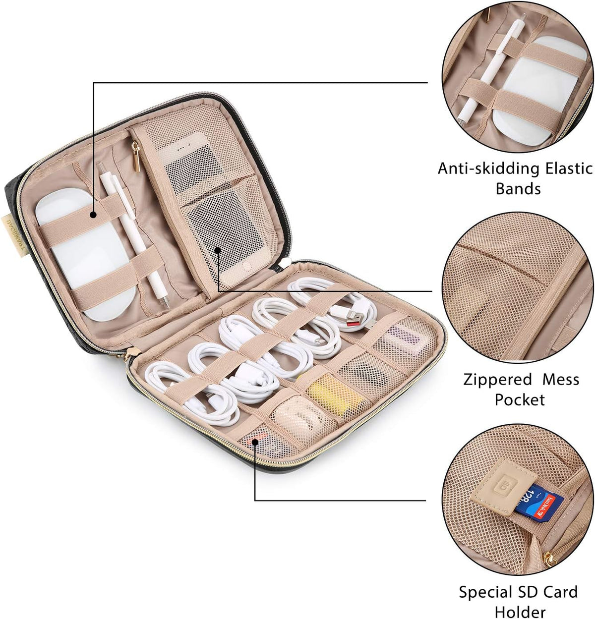 BAGSMART Large Electronics Travel Organizer Case for Wome, Polyester, Black