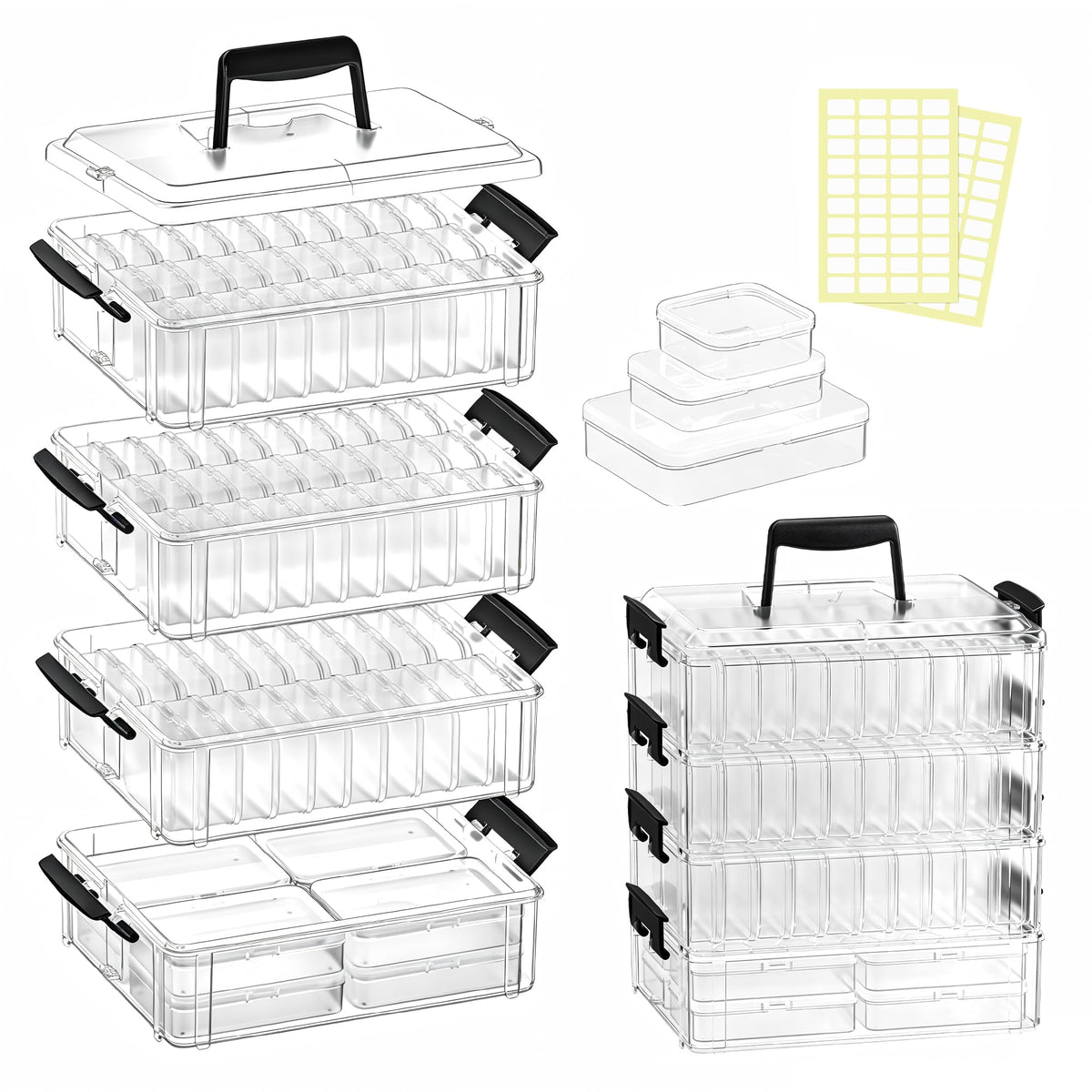 Bead Organizer Box 58 Pcs, 3-Tier Stackable Storage Box, and 3 Different Container Sizes Small Plastic Containers with Lids, Portability, Clear Organizers for Jewelry DIY Craft Storage