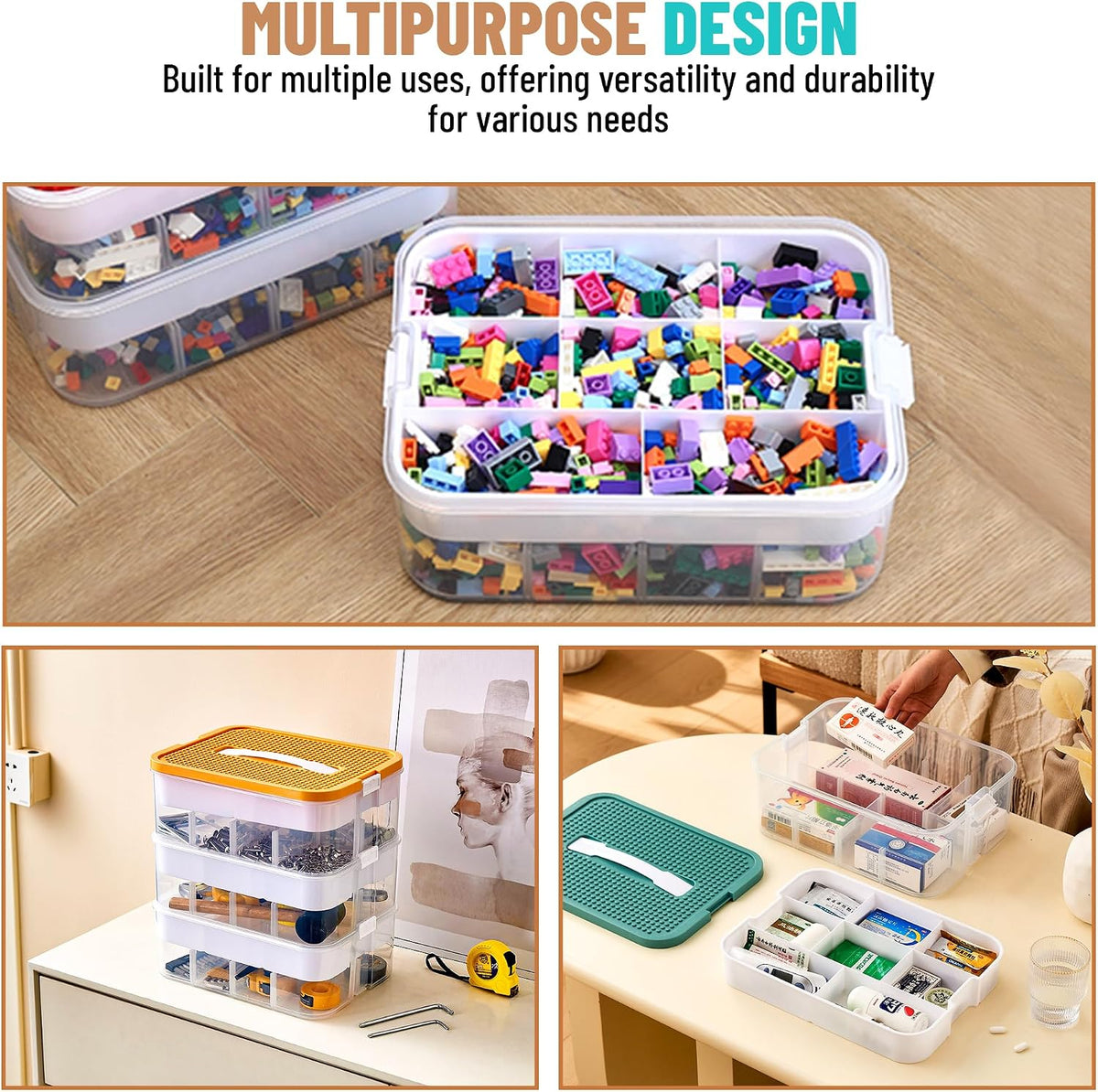 3-Tier Stackable Toy Storage with Building Block Lid & Bricks Organizer