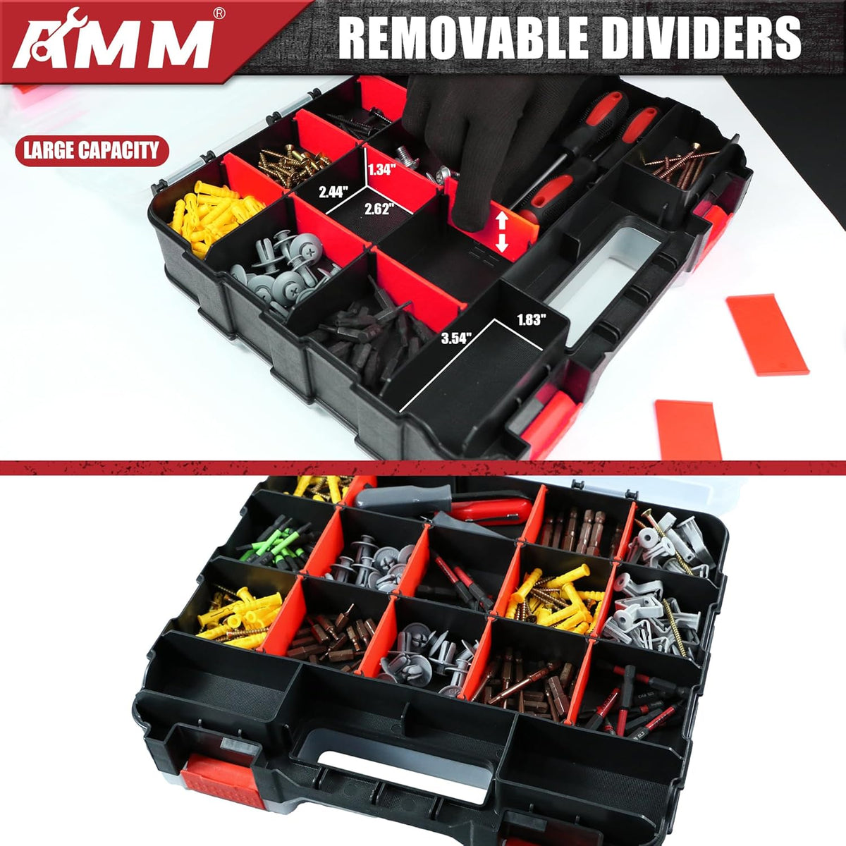 AMM Tool Box, Double Side Tool Box Organizer with 34 Compartments, Removable Dividers, Tackle Box Small Parts Screw Hardware Organizer for Screws, Nuts, Nails and Bolts (2 Piece, Red)