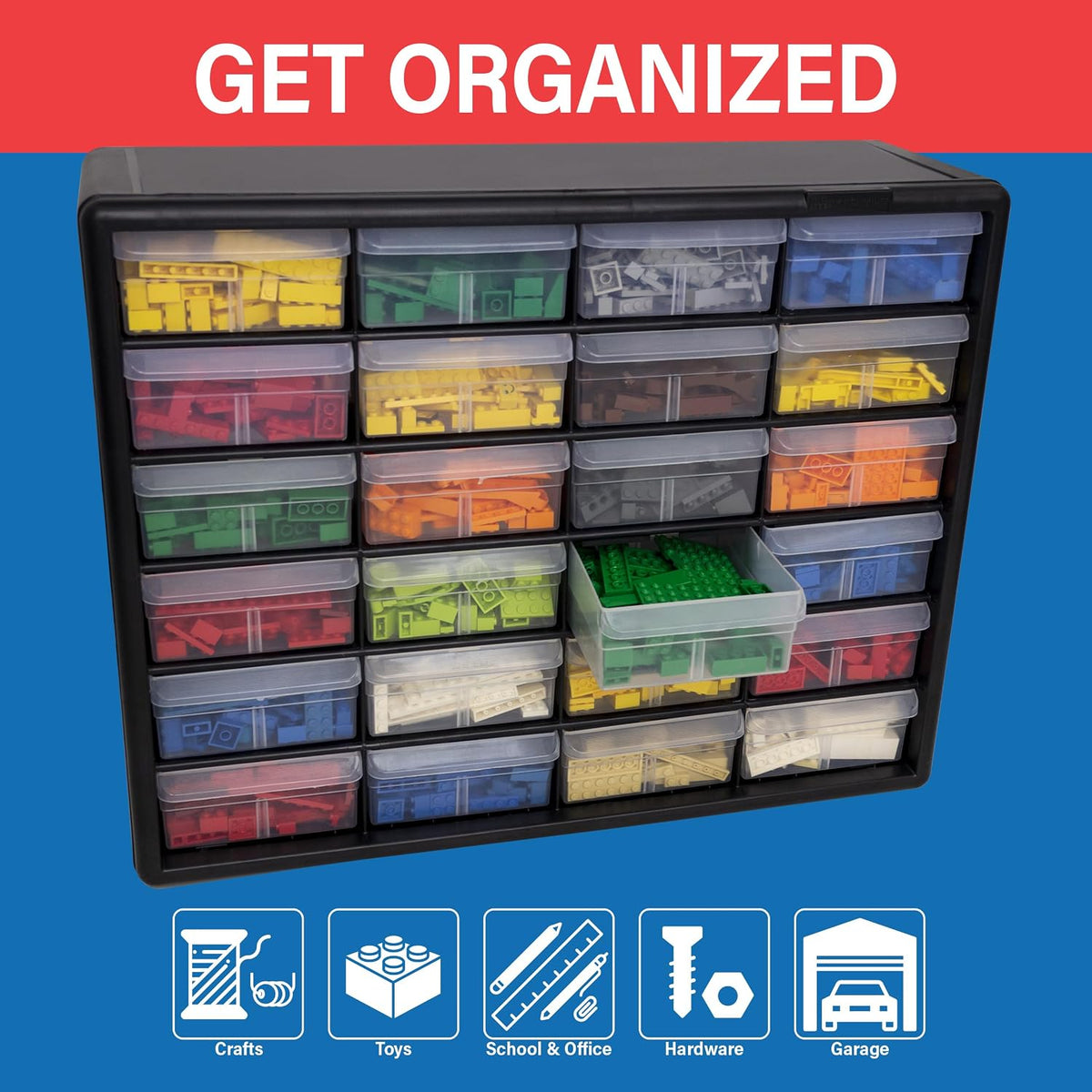Akro-Mils 24-Drawer Plastic Storage Cabinet, 20" W x 6" D x 16" H, Black