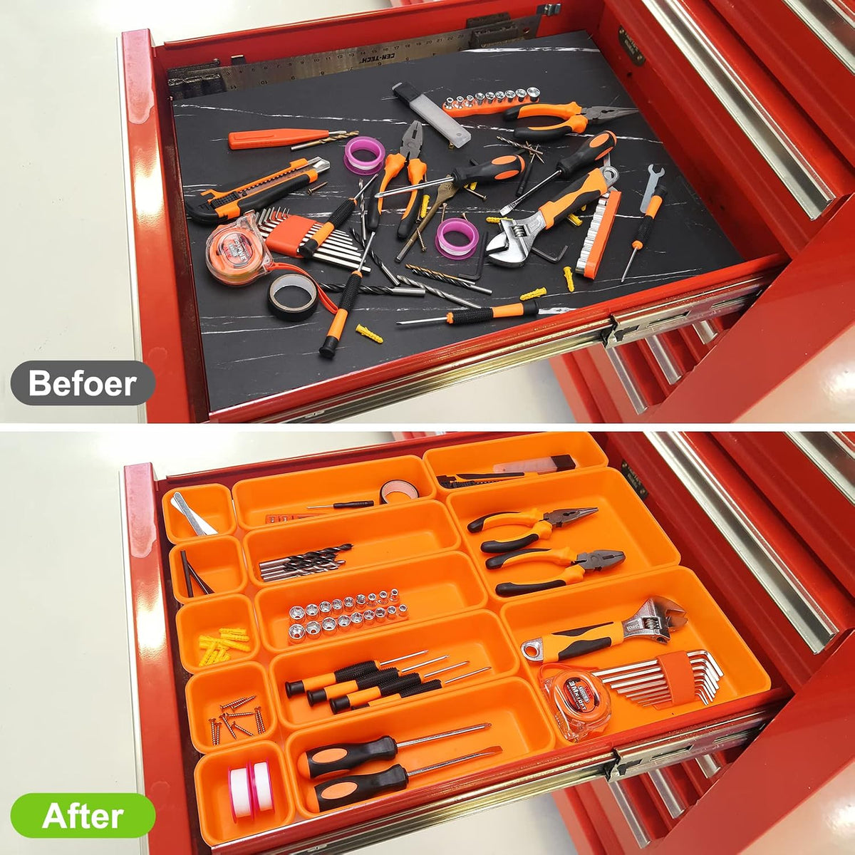 42 Pack Tool Box Organizer Tool Tray Dividers, Rolling Tool Chest Cart Cabinet Workbench Desk Drawer Organization and Storage for Hardware, Parts, Screws, Nuts, Small Tools Organization(Orange)