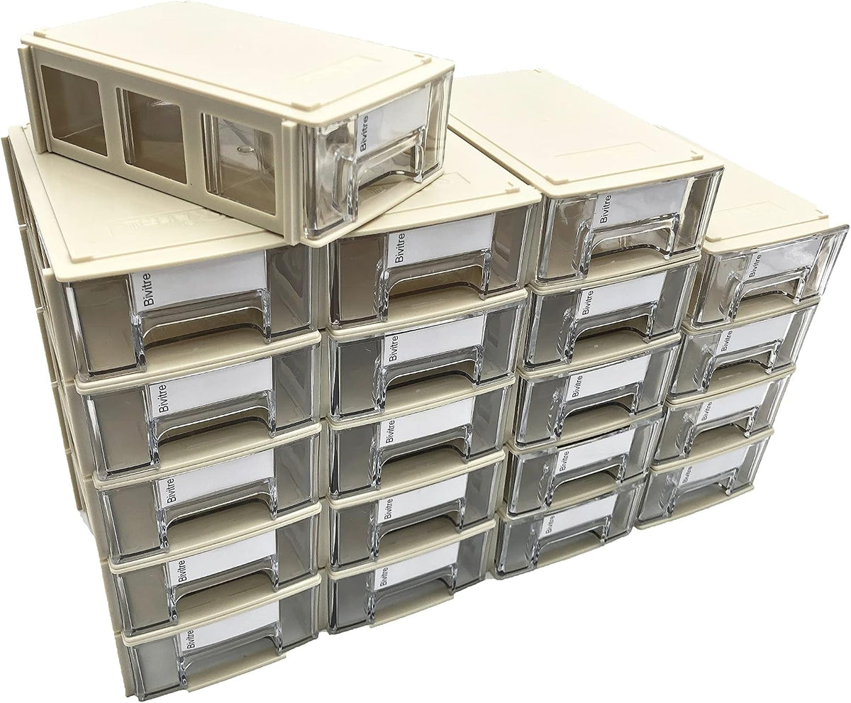 Stackable Storage Drawers Set of 20 with Dividers and Paper Labels