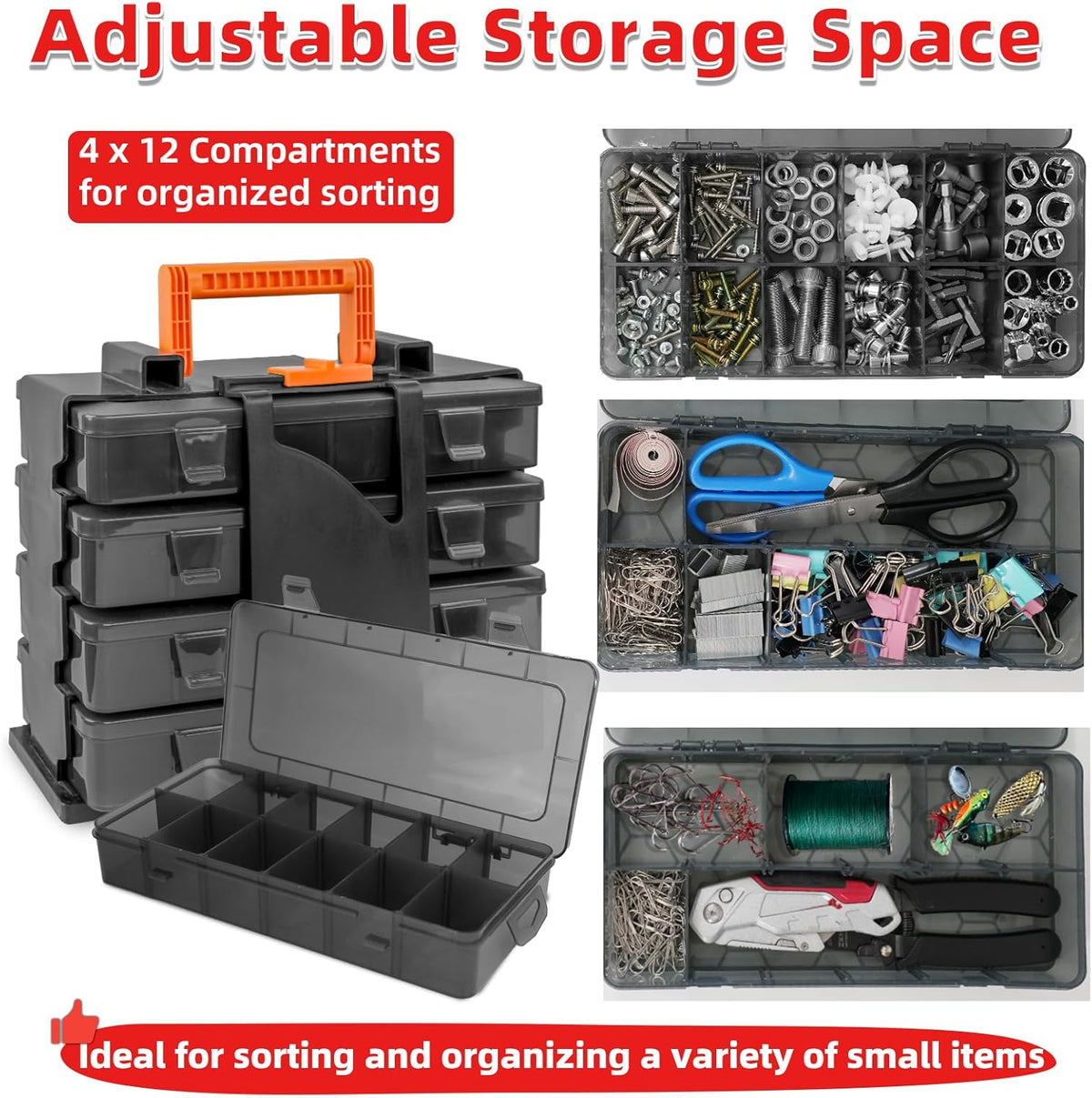 ZKH Small Parts Organizer Box, Clear Tackle Box Organizer with 4x12 Compartments, Removable Dividers, Stackable Bead Organizer Box, Ideal Craft Organizers and Storage for Beads,Screws,Fishhooks,Parts