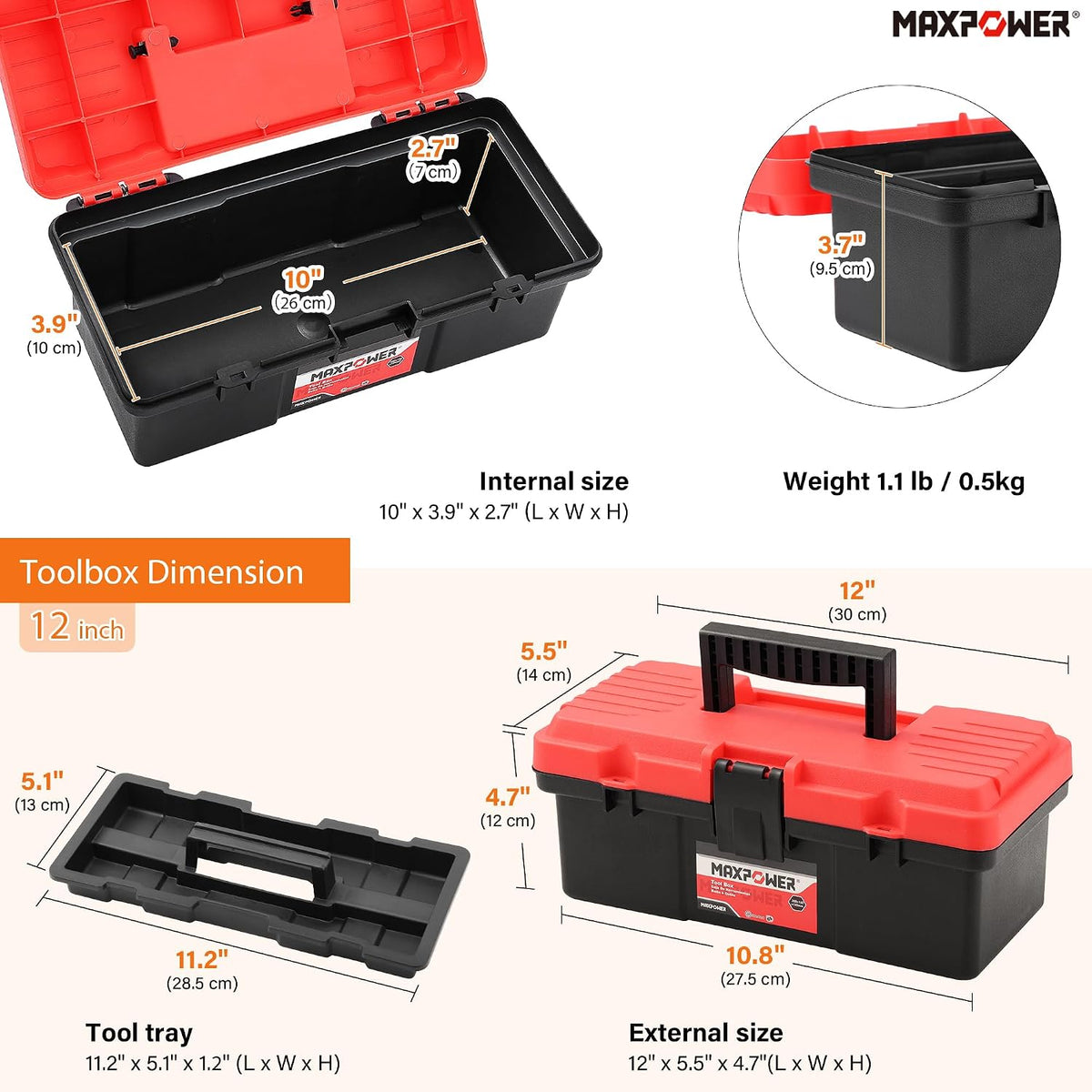 MAXPOWER 2-Pc Plastic Tool Box, 12" Small & 17" Portable Toolbox, Lockable
