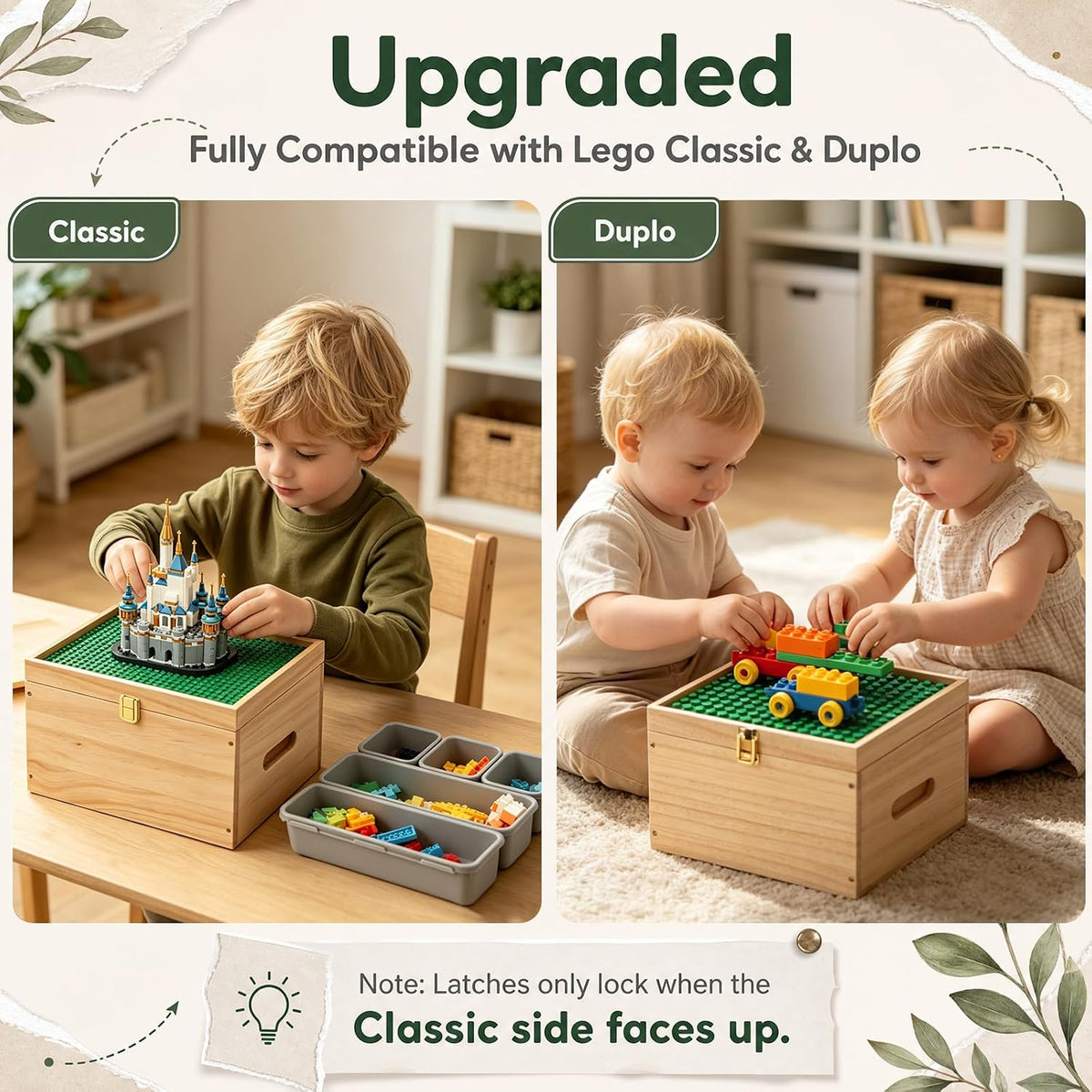 Wooden Storage Box for Lego with Dual-Sided Building Baseplate Lid, 5 Removable Bins, Natural Pine Toy Organizer Compatible with Classic Lego and Duplo Bricks for Building, Storage & Display