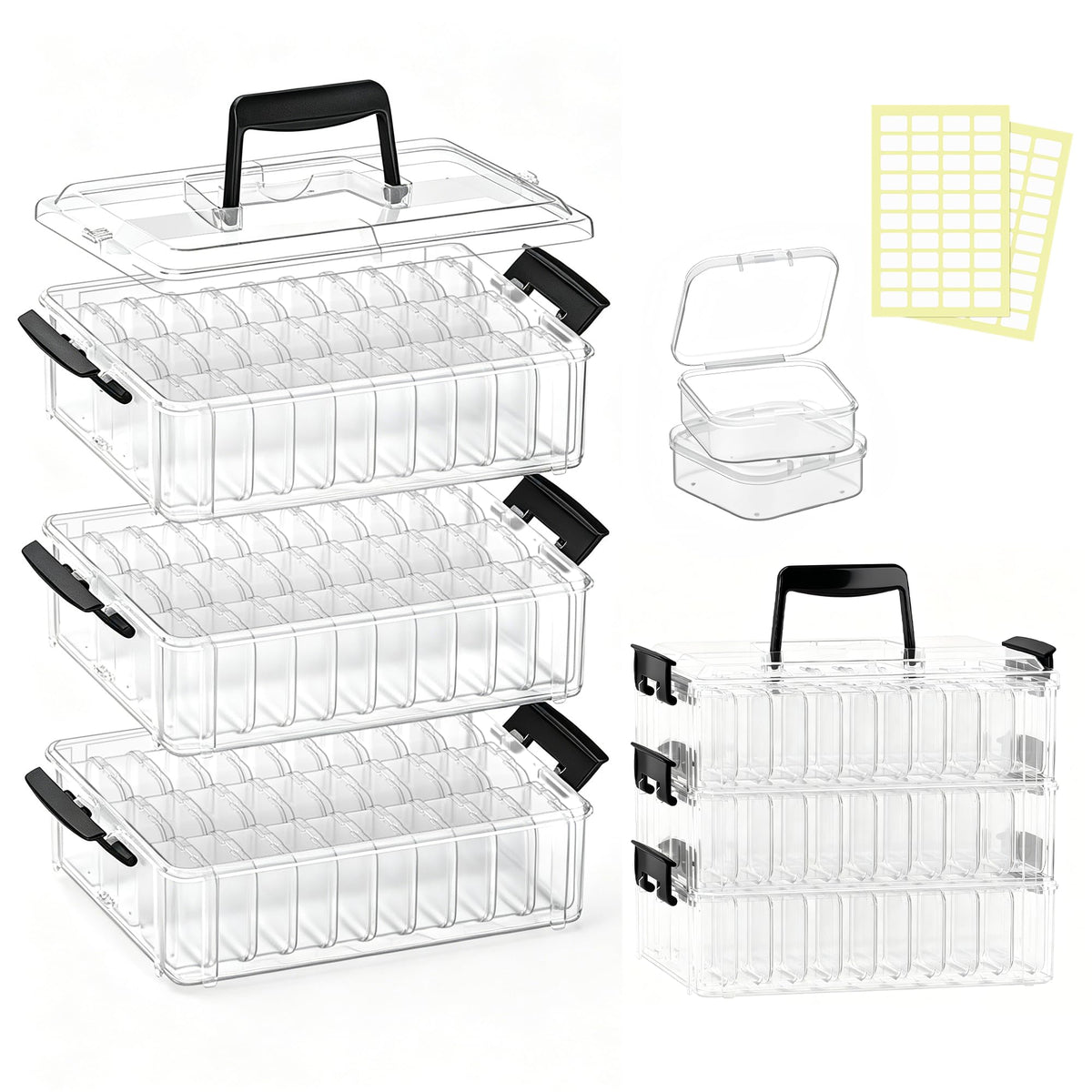Bead Organizer Box 58 Pcs, 3-Tier Stackable Storage Box, and 3 Different Container Sizes Small Plastic Containers with Lids, Portability, Clear Organizers for Jewelry DIY Craft Storage