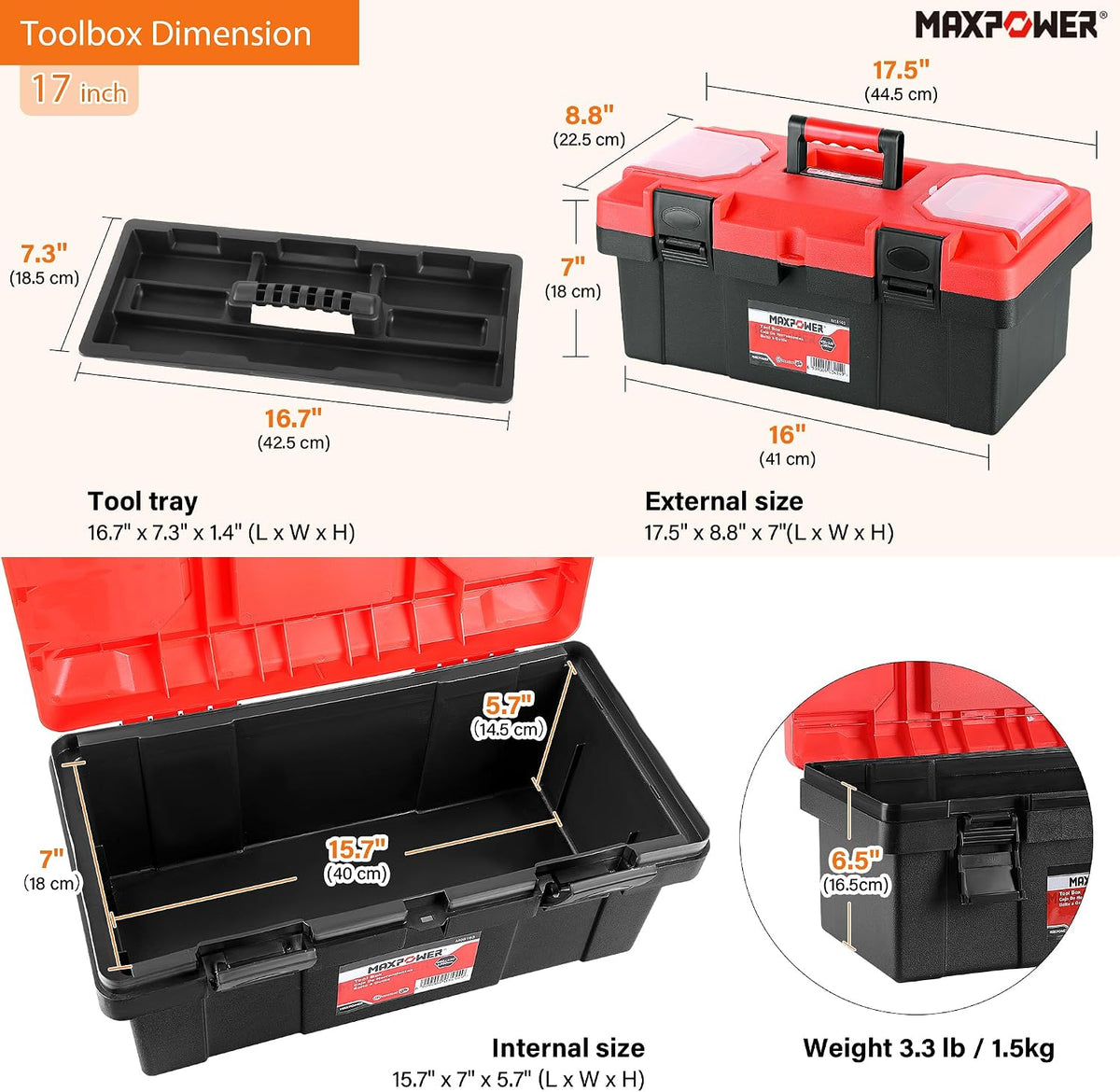 MAXPOWER 2-Pc Plastic Tool Box, 12" Small & 17" Portable Toolbox, Lockable