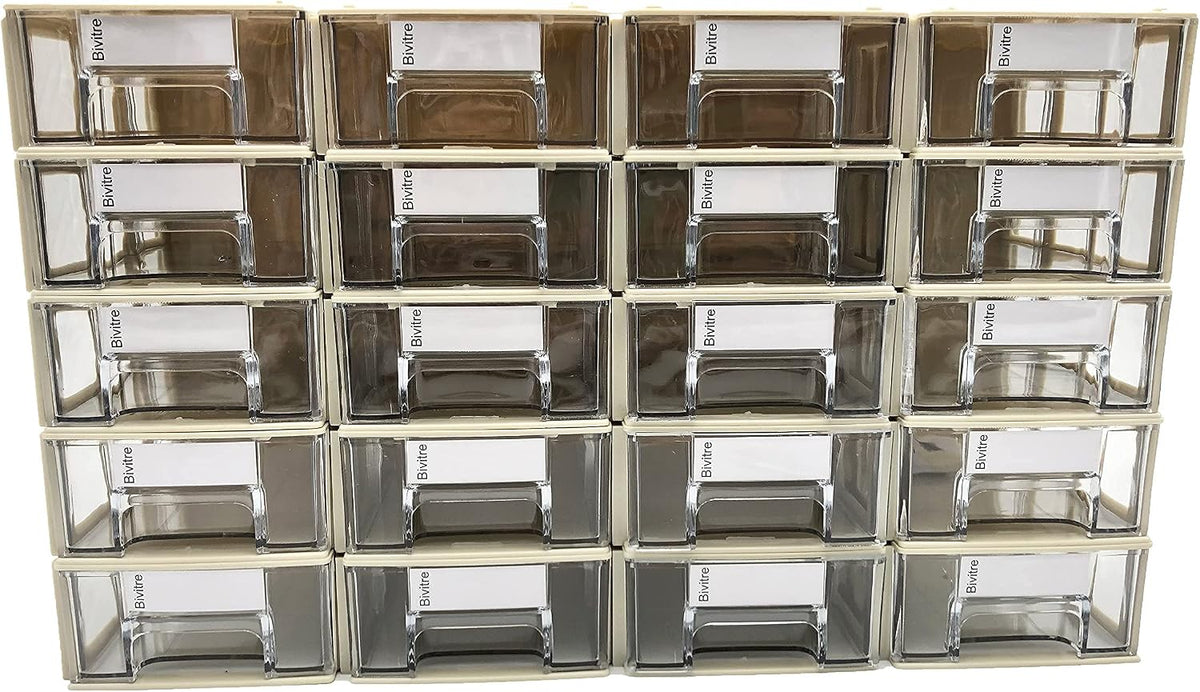 Stackable Storage Drawers Set of 20 with Dividers and Paper Labels