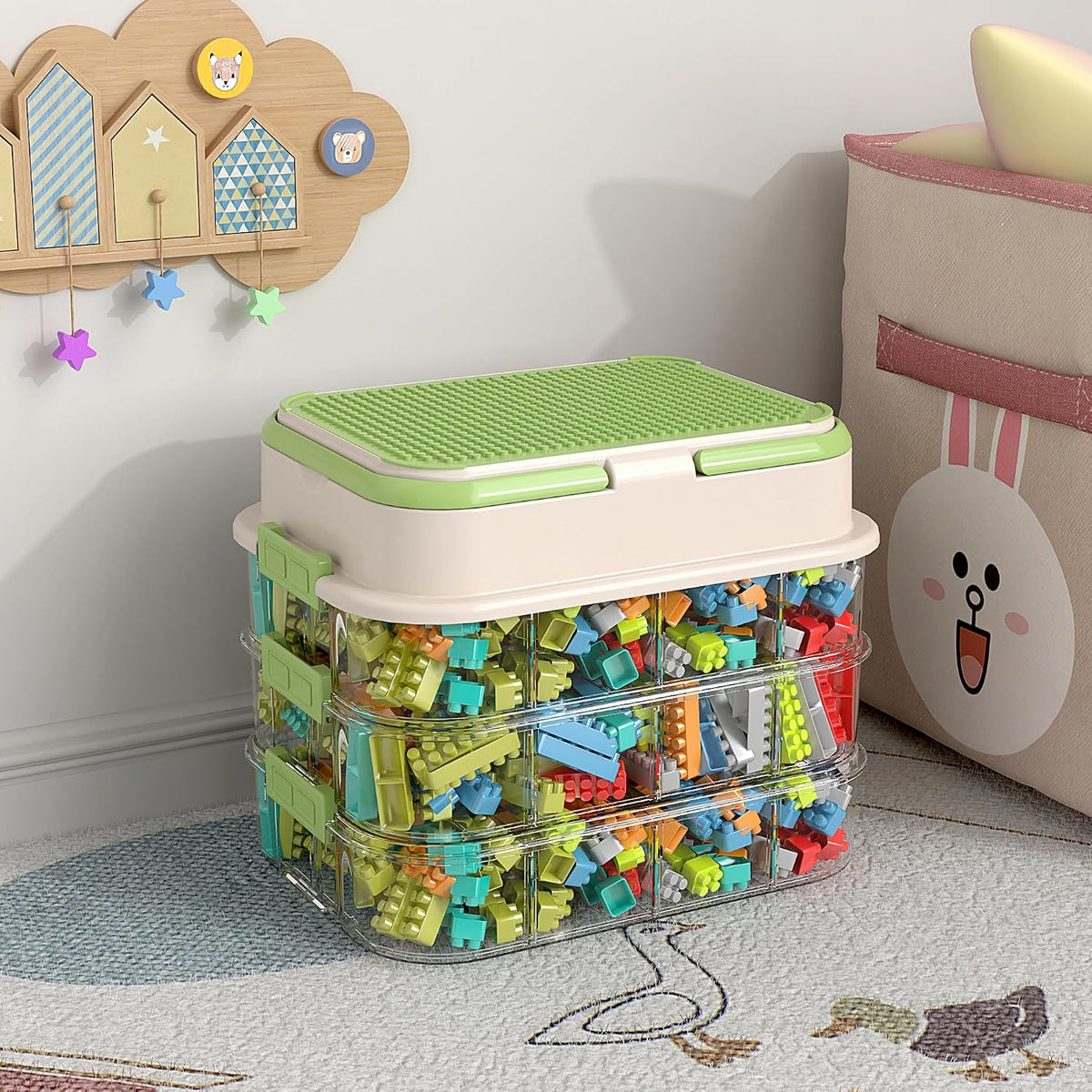 joyingbaby Toy Storage Organizer Box with Handle, Stackable Building Block Toy Box with Building Plate Lid & Removable Sorting Trays, Cubby Bins and Containers 3 Layer (Green)