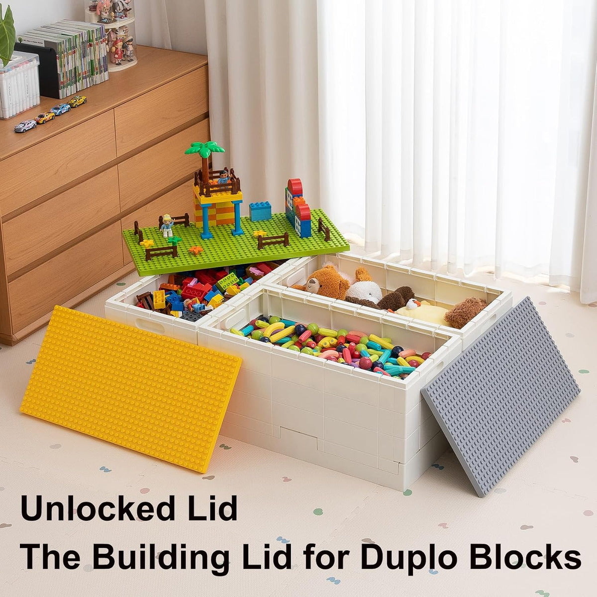 53 Qt. Folding Storage Box with Large Building Lid for Lego Duplo Blocks, 13 Gallon Collapsible Organizer for Lego Bricks (Dark Green)