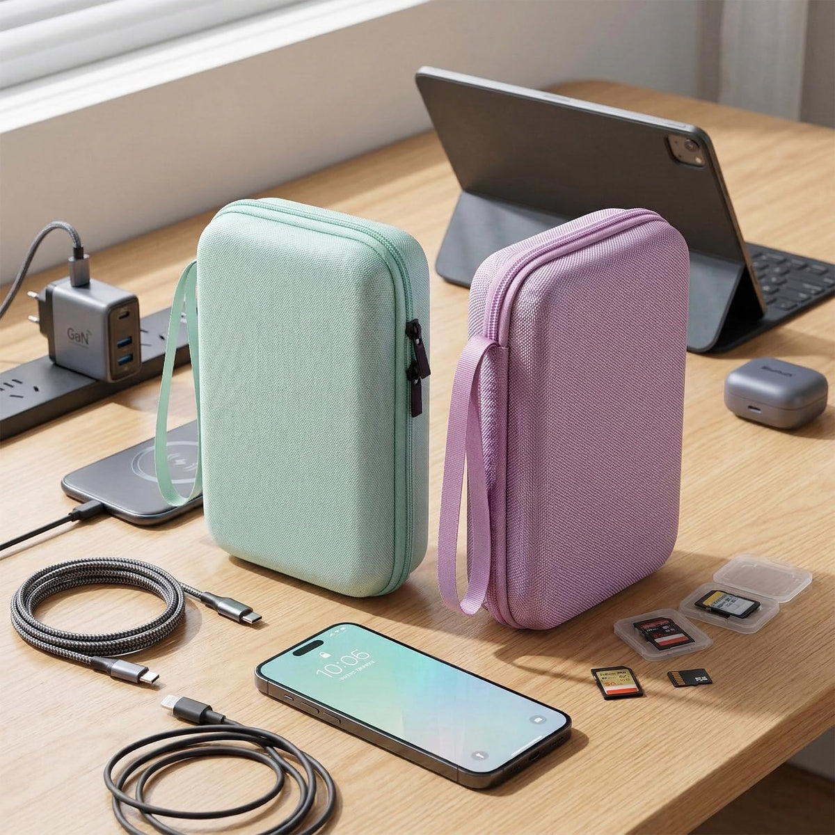 Hard Travel Electronic Organizer Case for MacBook Power Adapter Chargers Cables Power Bank Apple Magic Mouse Apple Pencil USB Flash Disk SD Card Hard Drive Shockproof Accessories Carrying Bag, Green