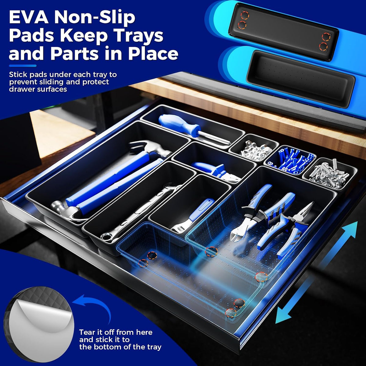 70 PCS Tool Box Organizer Tray & Desk Drawer Organizer Set, 5 Size Interlocking Bins for Garage Tool Storage, Mechanic Tool Chest, Rolling Cart, Workbench Drawers with EVA Non Slip Pads