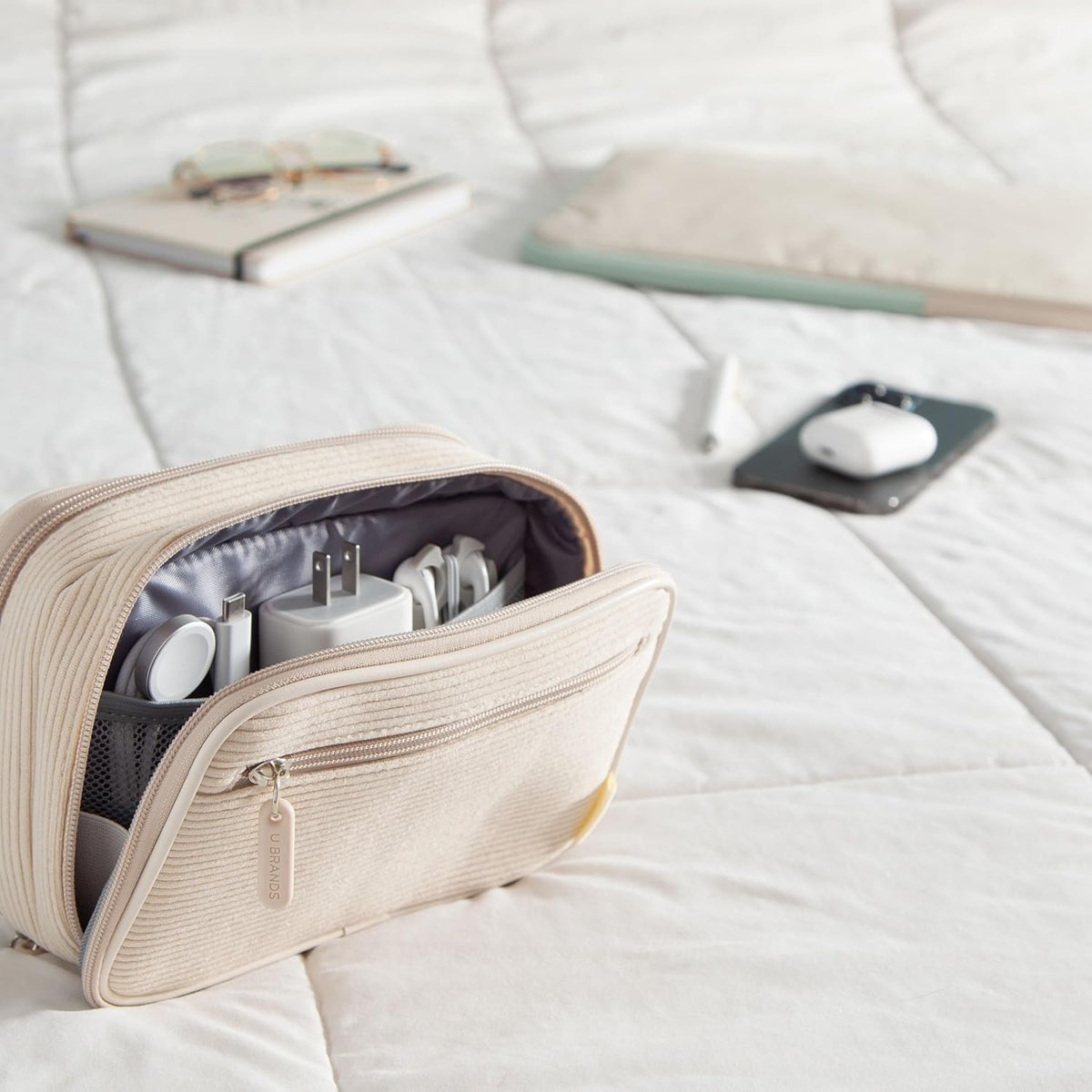 U Brands Electronics Organizer Travel Case, Cord Storage, 8" x 5.25", Beige