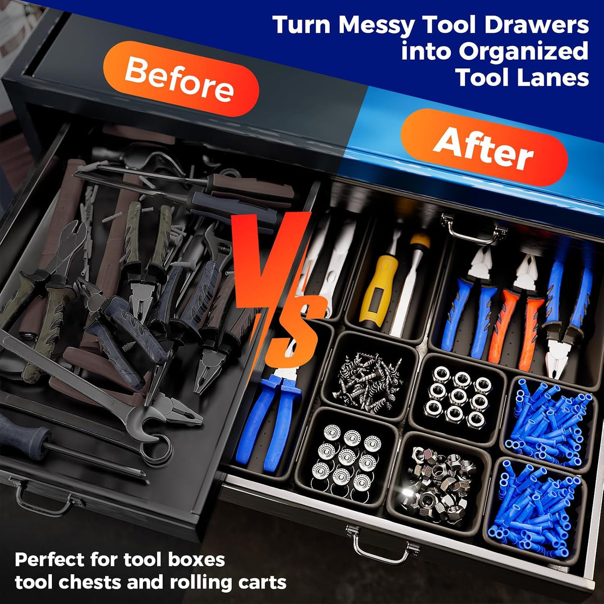 70 PCS Tool Box Organizer Tray & Desk Drawer Organizer Set, 5 Size Interlocking Bins for Garage Tool Storage, Mechanic Tool Chest, Rolling Cart, Workbench Drawers with EVA Non Slip Pads