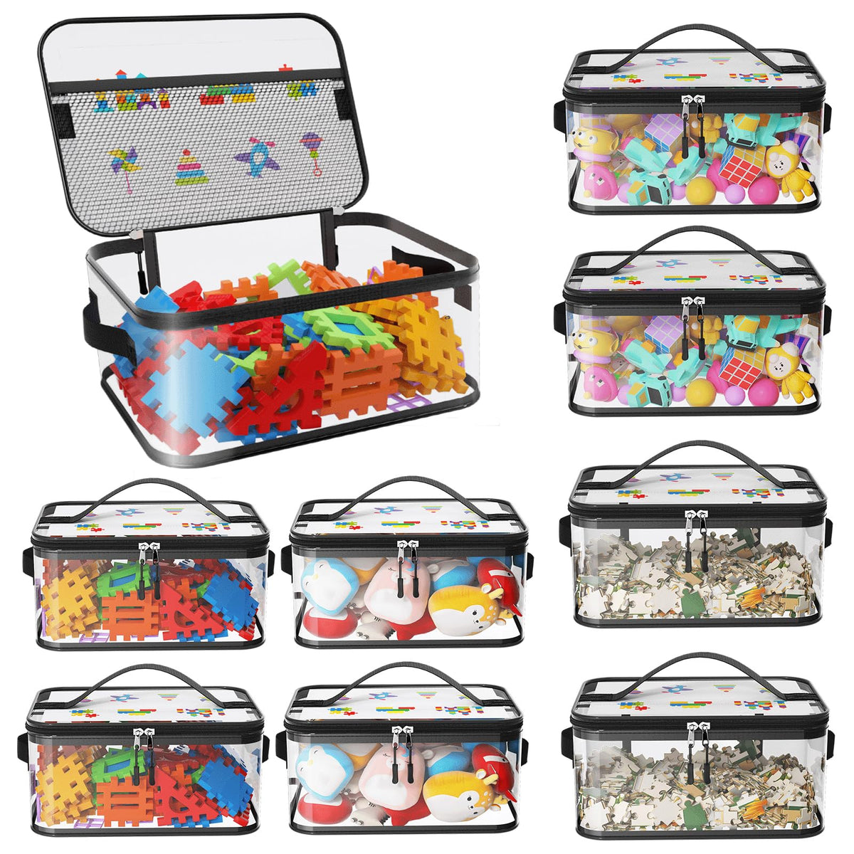 8 Packs Large Clear Toy Storage Bags with Double Zipper & Handles, L