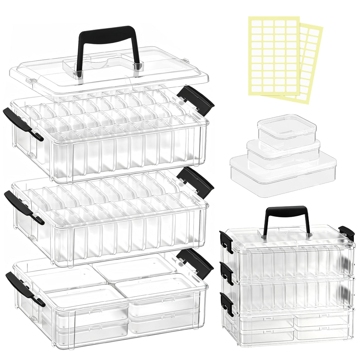 Bead Organizer Box 58 Pcs, 3-Tier Stackable Storage Box, and 3 Different Container Sizes Small Plastic Containers with Lids, Portability, Clear Organizers for Jewelry DIY Craft Storage