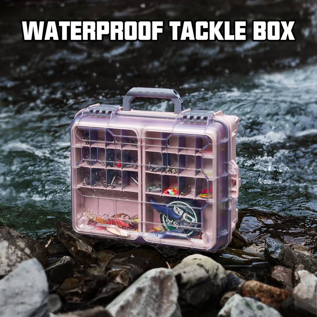 THKFISH Waterproof Tackle Box, Portable Fishing & Tackle Storage Box with Two 3500 Stowaway Boxes and Removable Dividers, Tackle Box, Thicker Floating Airtight Stowaway,Pink/Green/Blue/Grey