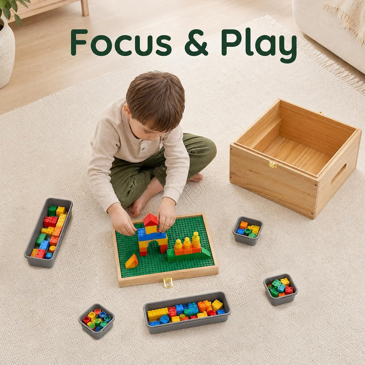 Wooden Storage Box for Lego with Dual-Sided Building Baseplate Lid