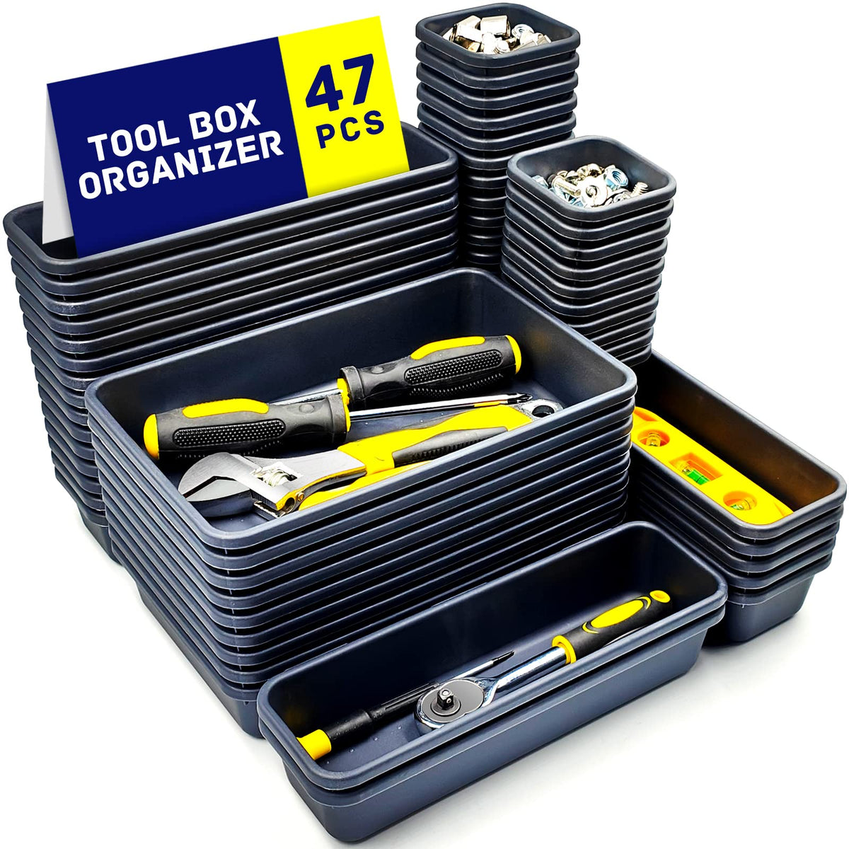 47pcs Tool Box Organizer, Tool Drawer Organizer Trays with Non-slip EVA Pads – Interlocking Divider Set, Fit Garage Storage Desk Drawers & Rooling Tool Cart (Blue & Green 47PCS)