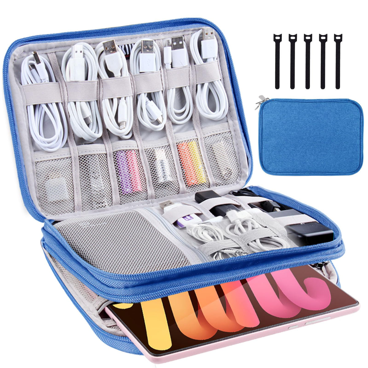 Electronics Organizer Travel Case Cord Cable Charger Organizer Bag Travel Accessories Essentials for Women Men Double Layers Tech Pouch with 5 Cable Ties for Phone Power Bank SD Card USB, Black