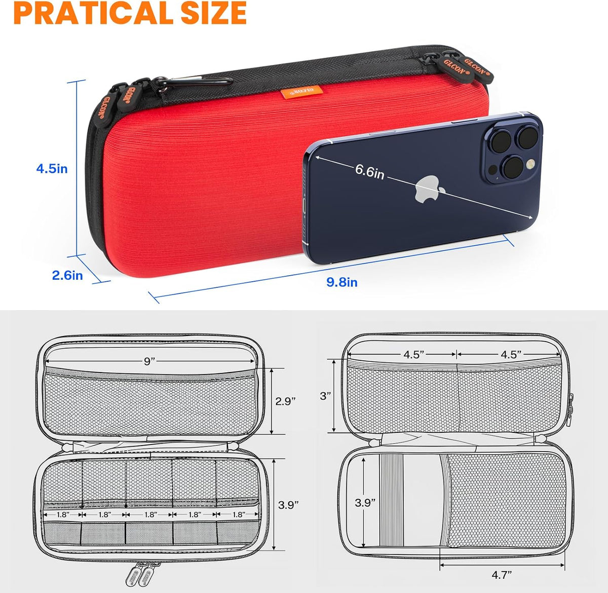 Red Double-Layer Hard Carrying Case, Electronics Organizer Travel Pouch