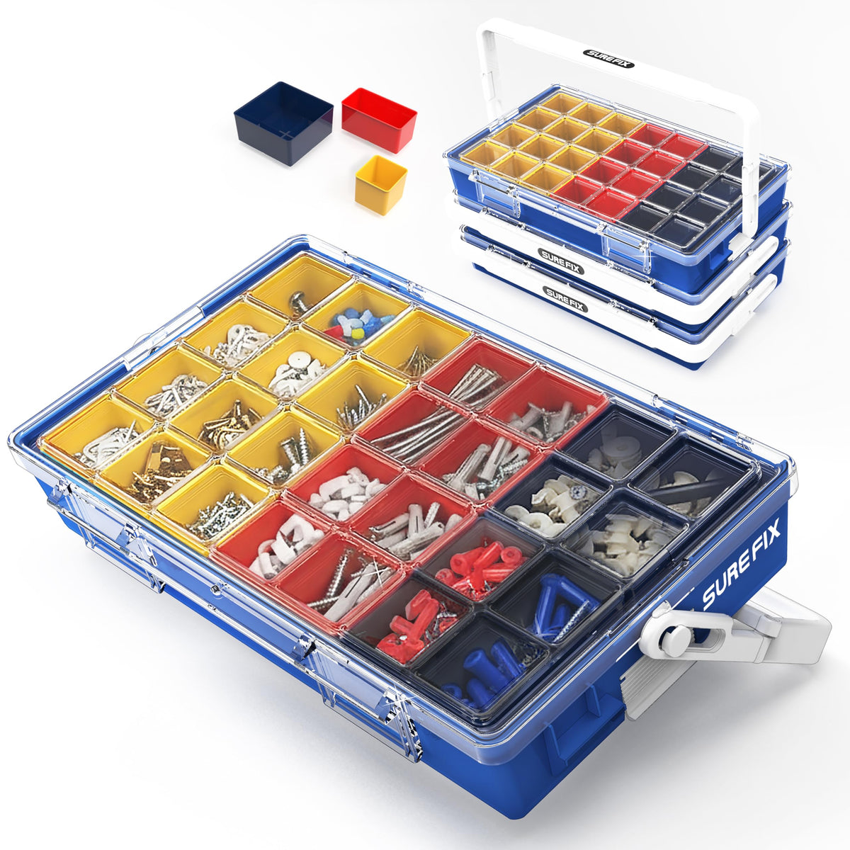 TidyMate Modular Organizer Box, Heavy-Duty Stackable Tool Storage Case with Removable Compartments, Clear Lid, Portable Hardware Organizer for Screws, Nuts, Bolts, and Accessories (Yellow/Red/Navy)