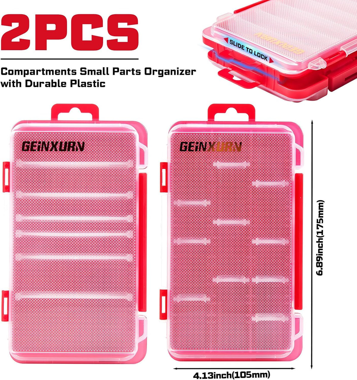 Geinxurn Small Flat Storage Parts Organizer, 2Pcs Red Portable Transparent Plastic Small Parts Tool Box with Removable Dividers, Screwdriver Bit Cases Storage(2 Pieces)