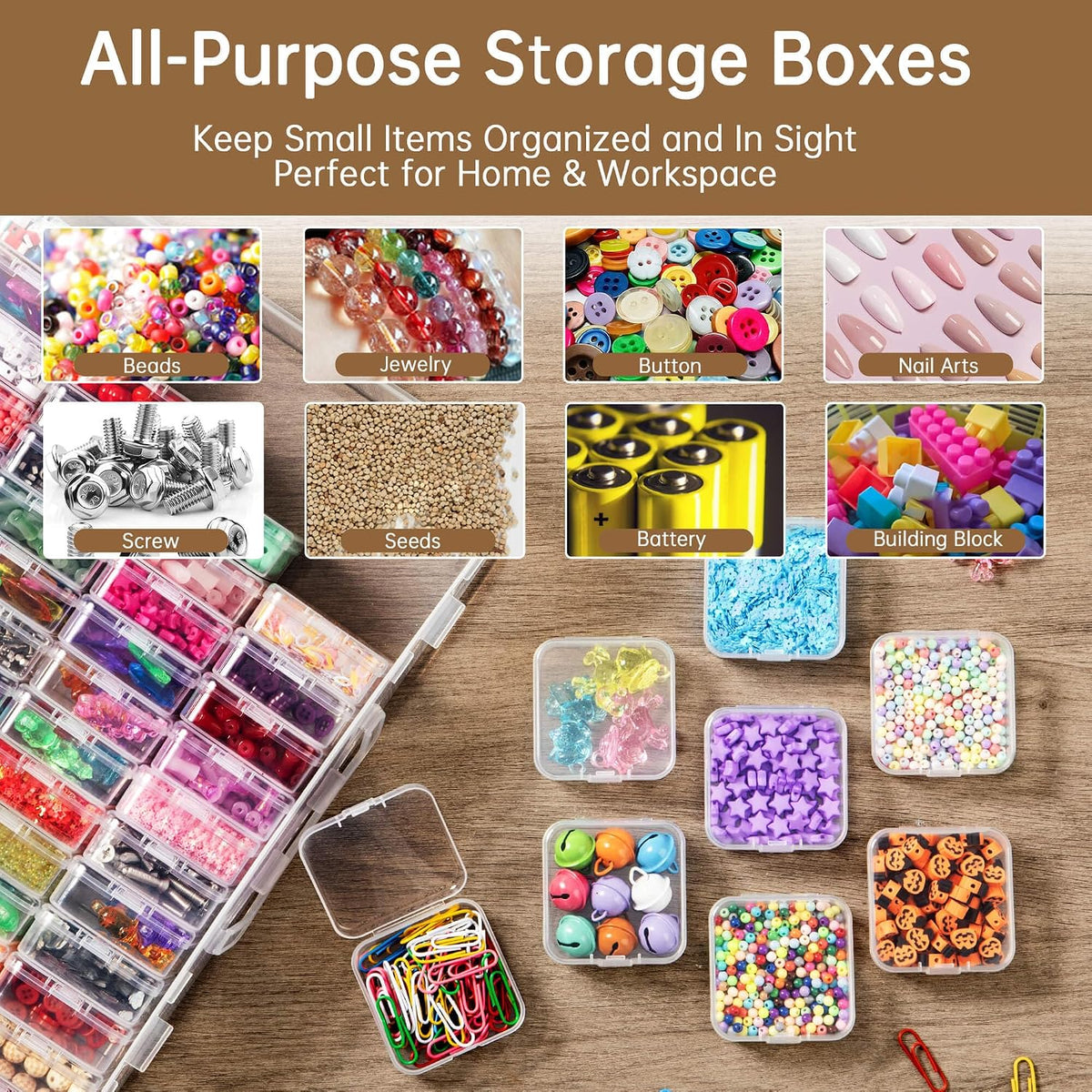 Bead Organizer Box, 120 Pack Small Clear Storage Boxes with Labels, Large Travel Craft Case with Handle, Mini Plastic Containers for Jewelry Making Diamonds DIY Pony Bracelet Screws Seeds Small Parts