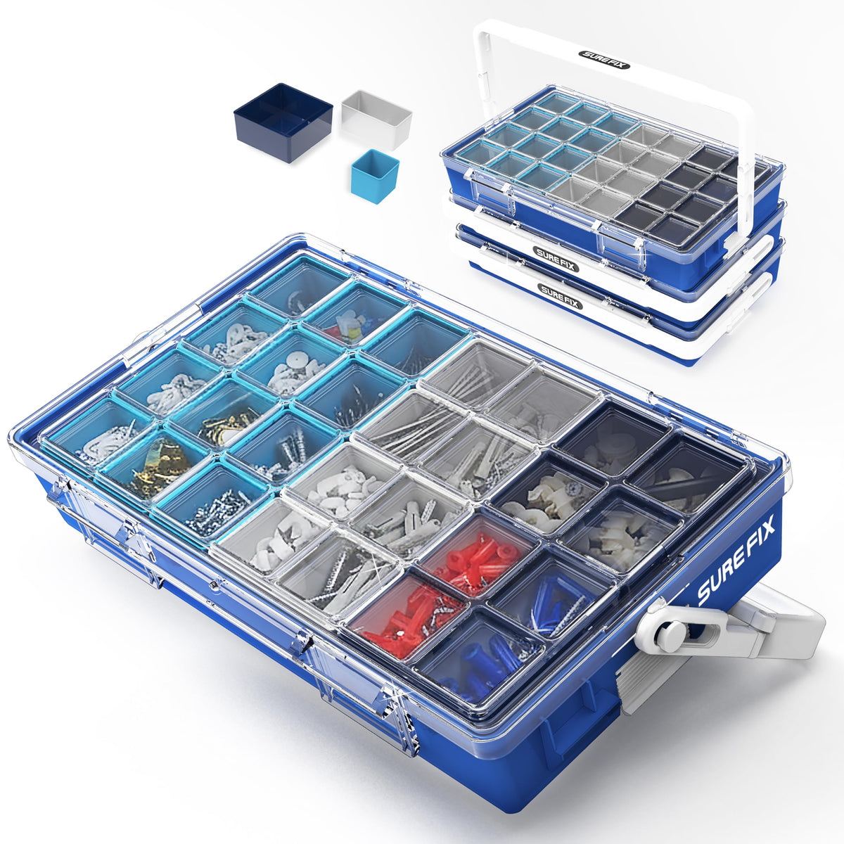 TidyMate Modular Organizer Box, Heavy-Duty Stackable Tool Storage Case with Removable Compartments, Clear Lid, Portable Hardware Organizer for Screws, Nuts, Bolts, and Accessories (Yellow/Red/Navy)