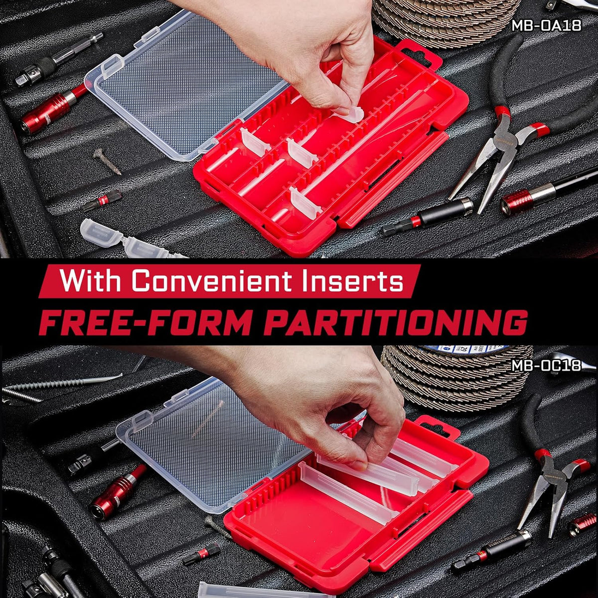 Geinxurn Small Flat Storage Parts Organizer, 2Pcs Red Portable Transparent Plastic Small Parts Tool Box with Removable Dividers, Screwdriver Bit Cases Storage(2 Pieces)