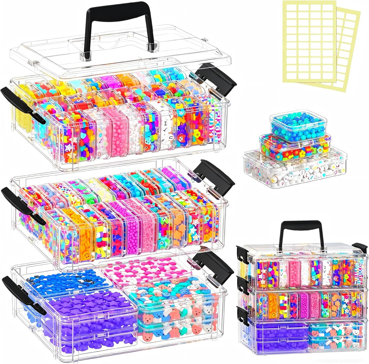 Bead Organizer Box 58 Pcs, 3-Tier Stackable Storage Box, and 3 Different Container Sizes Small Plastic Containers with Lids, Portability, Clear Organizers for Jewelry DIY Craft Storage
