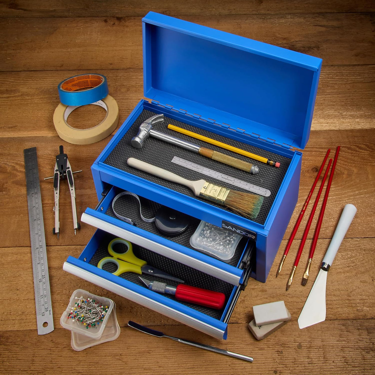 Mini Tool Box - Metal Tool Chest with 2 Drawers & PVC Drawer Liners - Blue